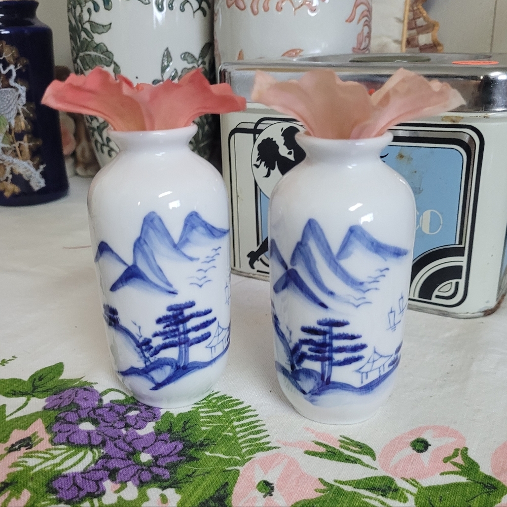 Vintage Blue and White Ceramic Vases Set Of 2 Landscape